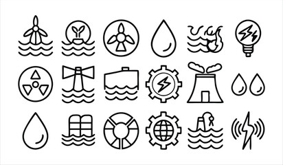 set of  outline icons related to hydropower  lin 