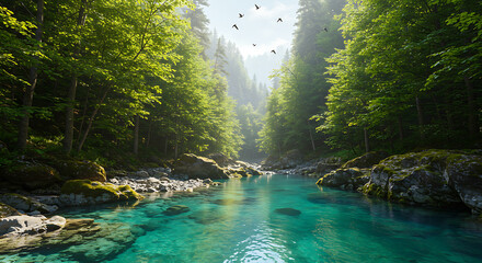 Crystal-clear alpine river flowing through a rocky forest valley with birds flying overhead — clean, fresh, and invigorating mood for environmental brands