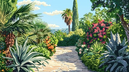 Fototapeta premium Sunny garden path lined with lush greenery and flowering shrubs.