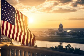 Obraz premium American flag waving at sunset over Dover skyline, celebrating Independence Day, symbolizing USA pride