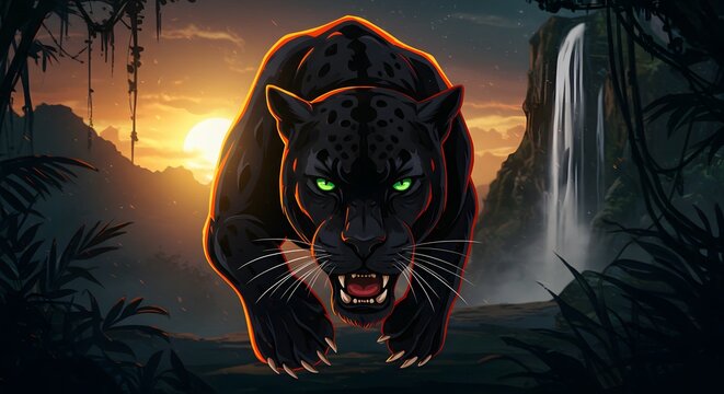 A black panther with luminous green eyes lurks against a dramatic waterfall sunset backdrop setting
