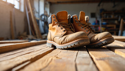 Close-up low angle shot of tan leather work boots resting on rough wooden planks in a sunlit workshop with a blurred background and natural light
