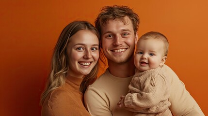 Fototapeta premium A happy family portrait against an orange backdrop.