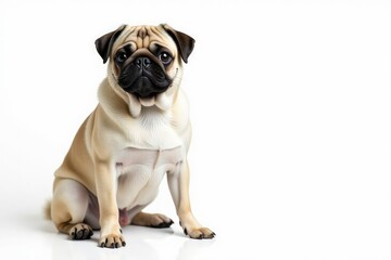 Obraz premium Adorable pug dog sitting, isolated on white background, dog breeds, animal photography, canine