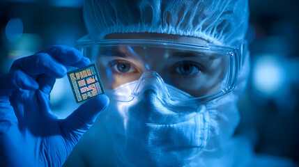 Scientist holding microchip in clean room laboratory, innovation in technology