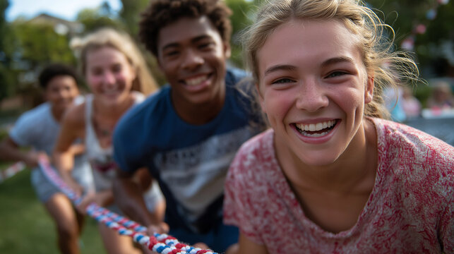 Youth setting up an obstacle course with American flags for a summer race