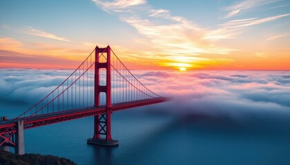 Obraz premium Golden Gate Bridge Sunrise: A Majestic View Above the Clouds