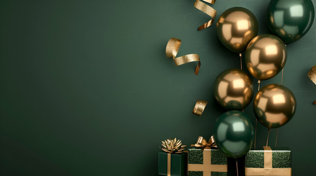 green and gold balloons and gifts on a red background with space for text, birthday banner with copy space