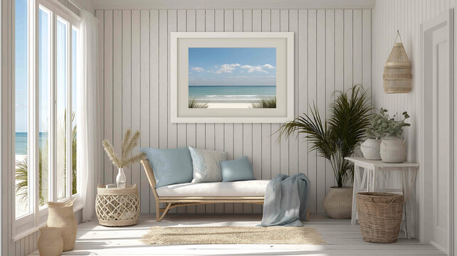 Wall in designer coastal seaside cottage with white wood pannel wall with view of ocean an 14x11 inch picture frame hangs on the wall Airy fresh feel inside