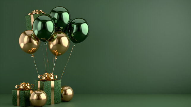green and gold balloons and gifts on a red background with space for text, birthday banner with copy space