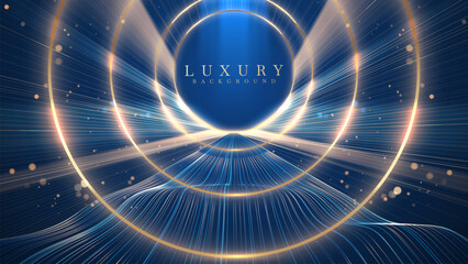 Luxury background with golden circle frame and blue neon light waves decorated with glittering bokeh effect. Backdrop design for promotion of premium products or award ceremony.