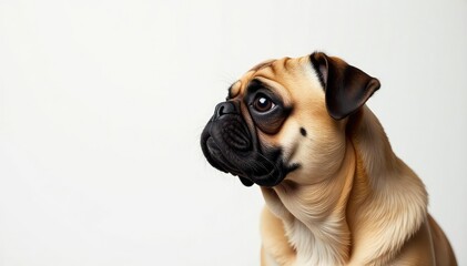 Obraz premium Brown pug in profile, looking to the side on white backdrop, dog, ears