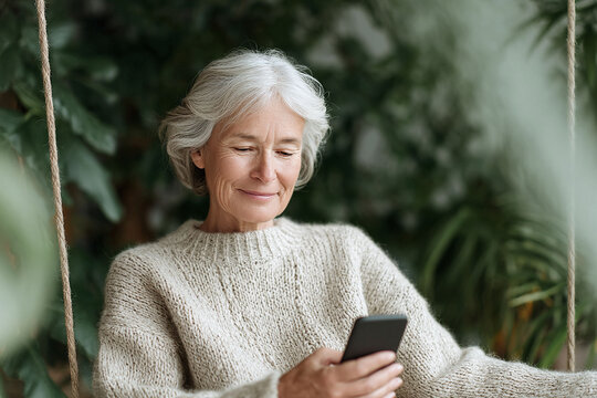 Serene senior woman smiling, using her smartphone. Shes on a swing, surrounded by plants. Evokes calmness, connection, and modern aging. Perfect for lifestyle content.