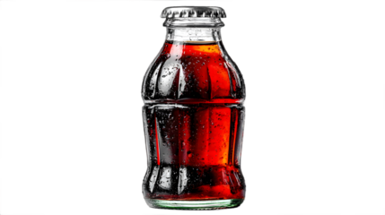 Glass bottle of dark soda with condensation isolated on black background