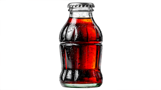 Glass bottle of dark soda with condensation isolated on black background