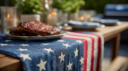 A festive 4th of July picnic with an American flag picnic bench, candles