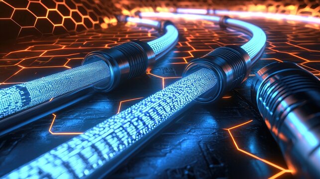 Futuristic data cables with glowing binary code on a honeycomb pattern.
