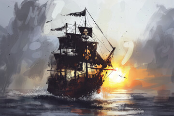 Pirate Ship Navigating the High Seas in Pursuit of Hidden Riches