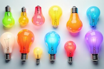 Collection of colorful lightbulbs arranged on white, solutions, filaments, group