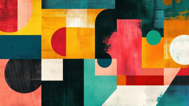 Vibrant geometric abstract art with textured blocks and circles in bold colors