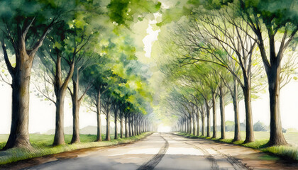 Obraz premium A sunlit path lined with lush green trees, rendered in a beautiful watercolor style, inviting a serene journey through nature