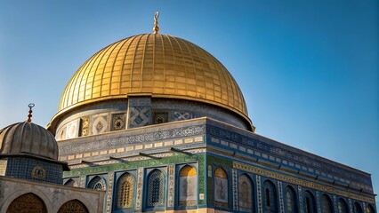 Obraz premium Golden Dome of the Rock Jerusalem Architecture, Islamic Landmark, and Clear Blue Sky