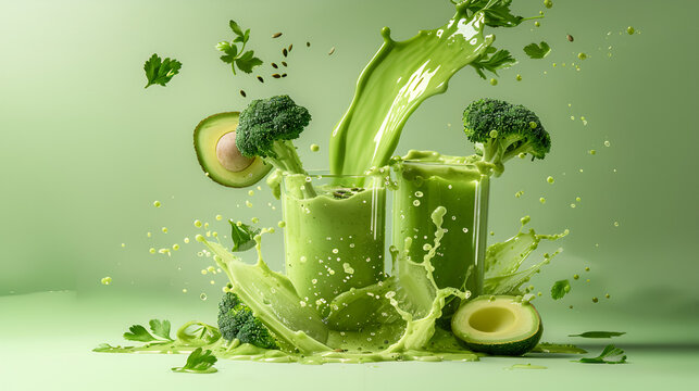 Two diet green smoothies and splashes on a green background and a slice of avocado and broccoli