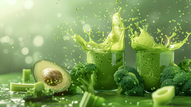 Two diet green smoothies and splashes on a green background and a slice of avocado and broccoli