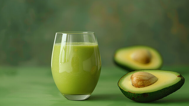 Green smoothie in a glass with avocado slices close-up on a green background with space for text