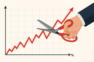 Business hand with scissors cutting rising red growth arrow on financial market chart grid background representing economic intervention vector illustration