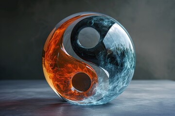 Glass Ying Yang Symbol, hemispherical shape. The sphere represents balanced energy, spiritual harmony, and Eastern philosophy in modern art.