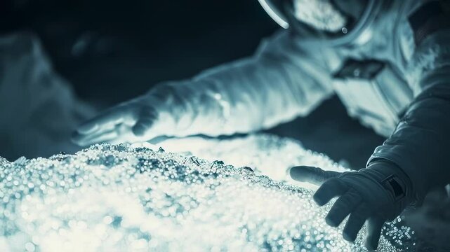 Astronaut wearing a spacesuit with an american flag patch explores the surface of an alien planet, gently touching a mound of small, glowing spheres