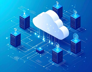 クラウドコンピューティング：アイソメトリックサーバーアイコンとネットワーク接続が示すデジタルインフラ - データ管理とビジネス変革の未来