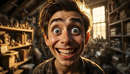 Extreme close-up portrait of a young man with an exaggerated smile and wide eyes in workshop