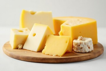 Elegant cheese selection, various textures, pure white scene, selection, fresh