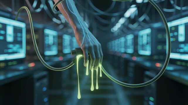 Pale robotic hand dripping glowing green liquid from a cable in a server room, with rows of servers and screens displaying data in the background