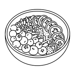 Bold easy coloring page of a comfy fruit bowl filled with kawaii blueberries, strawberries, bananas, and seeds. Perfect for kids activities, healthy food themes, and relaxing creative moments.