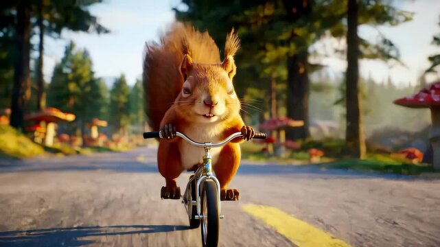 Squirrel Riding Bicycle on Forest Road with Green Trees and Mushroom Patches Under Sunny Skies in the Countryside