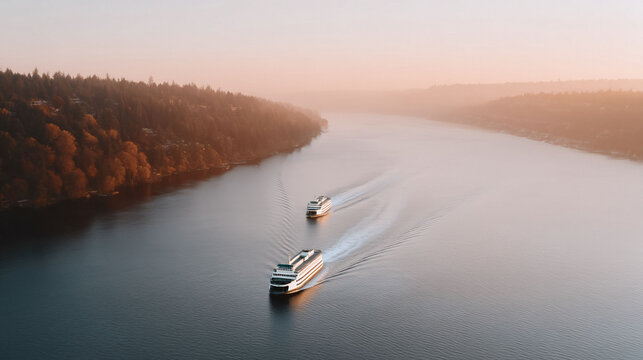 Fototapeta Scenic aerial view of two ferries navigating calm waters at sunset. Evokes travel, transportation, and serene landscapes. Perfect for tourism or corporate imagery.