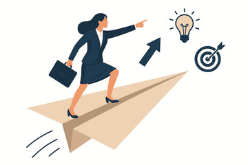 Confident businesswoman running on origami paper airplane toward success with innovation lightbulb and achievement target flat vector illustration