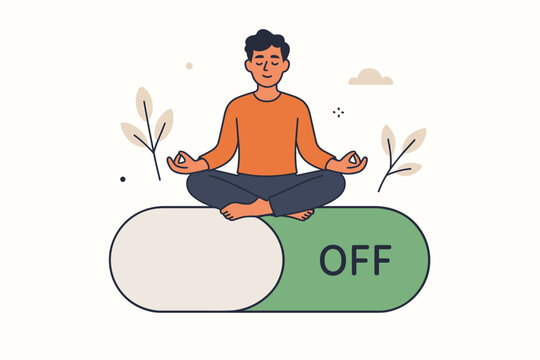 Peaceful man meditating in lotus position on large OFF switch symbolizing digital detox, mindfulness and technology break vector illustration