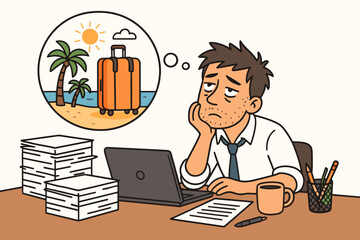 Exhausted businessman dreaming of tropical vacation at office desk - work stress, travel fantasy, beach holiday escape concept vector illustration