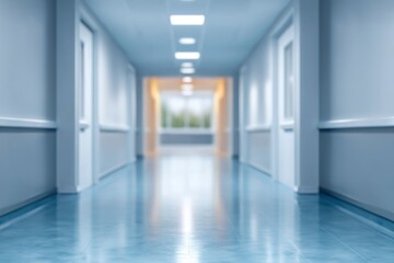 A blurry empty hallway features lightcolored walls doors and a shiny floor The distant end reveals windows and daylight