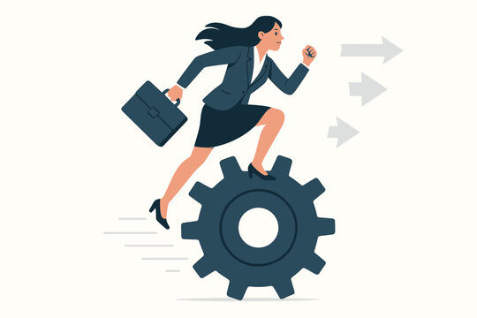 Dynamic businesswoman running on large gear cog with briefcase and arrows representing efficiency, productivity and forward career progression