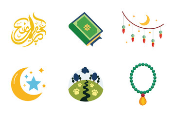 Eid quran crescent moon and prayer elements for a peaceful celebration eid vector