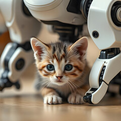 Kitten hides under a robot 