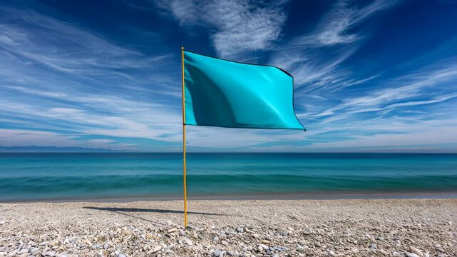 Azure Flag of Serenity: A vibrant turquoise flag gently sways atop a sandy beach, the calm waves of the ocean and an expansive sky acting as a backdrop. A serene embodiment of peace, solitude.