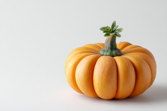A single ribbed goldenorange pumpkin with a textured green stem and leaves sits on a light surface