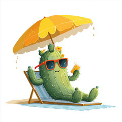 Obraz premium cactus applying sunscreen and lying under beach umbrella, wearing sunglasses, absurd summer vacation concept, vector art, white background 
