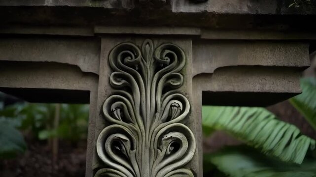 Stone face of a god or mythical character adorns an aged garden wall overgrown with climbing green plants and foliage outdoors.